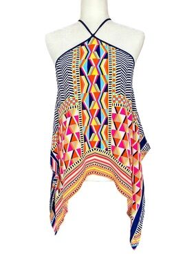 Trina Turk Vibrant Geometric Print Scarf Hem Halter Neck Top Size S